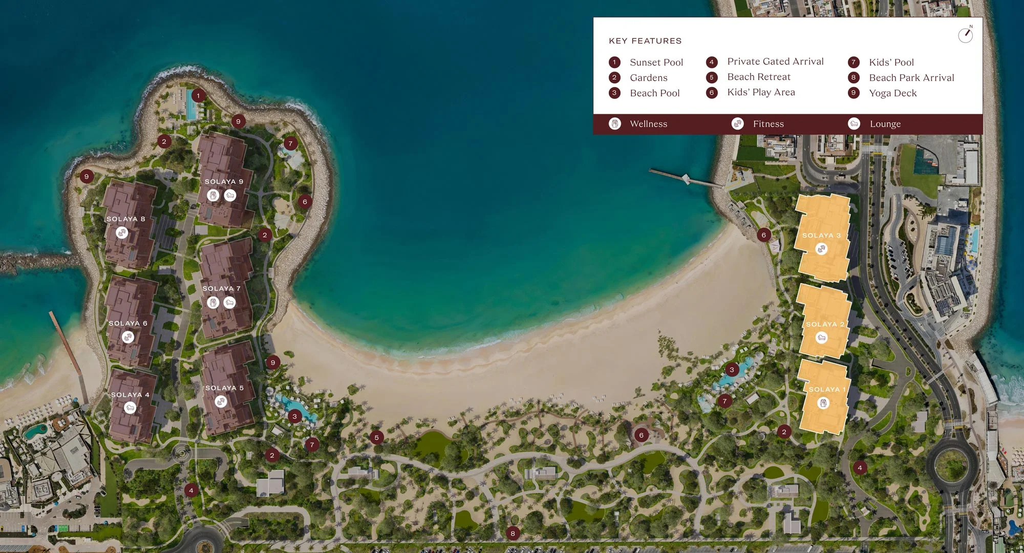 Solaya master plan on La Mer: nine residential buildings, pools, gardens and the Beach Park